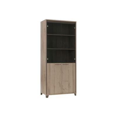 3483600448460-Armoire haute MAMBO - L80 x H187 x P46 - 2 portes vitrées, 2 portes pleines - Chêne/choco-P_79381470_1-0